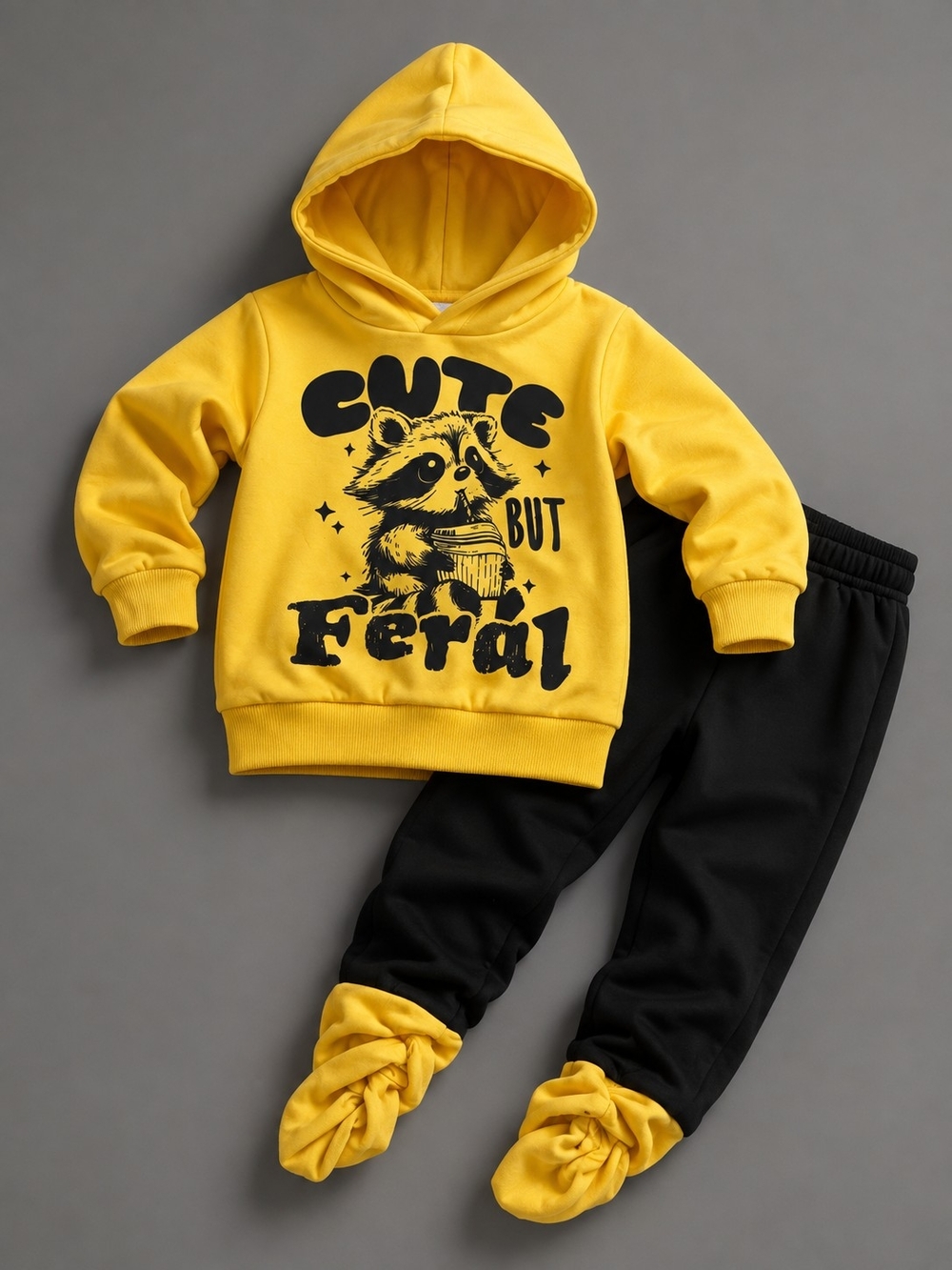 PatPat Yellow Hoodie and Black Joggers Kids Set - Raccoon Graphic